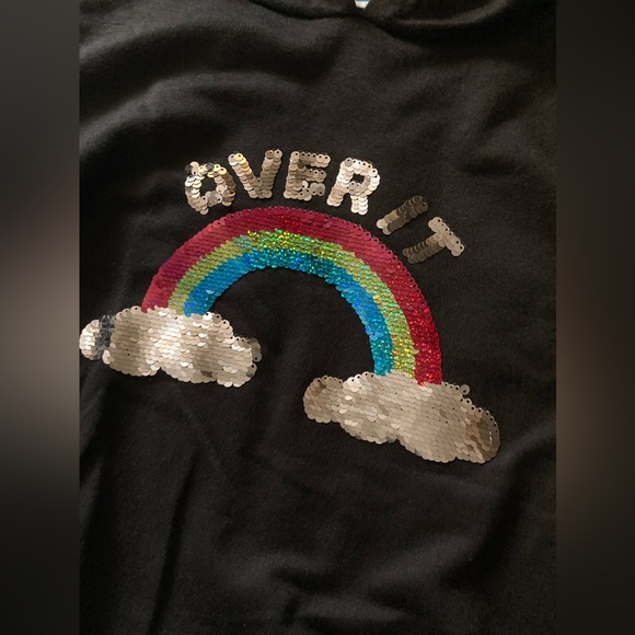 EXPRESS ME “OVER IT” Black Pull over hoodie w/ shiny sequence sz:10-12 girls 🌈 - Picture 6 of 8